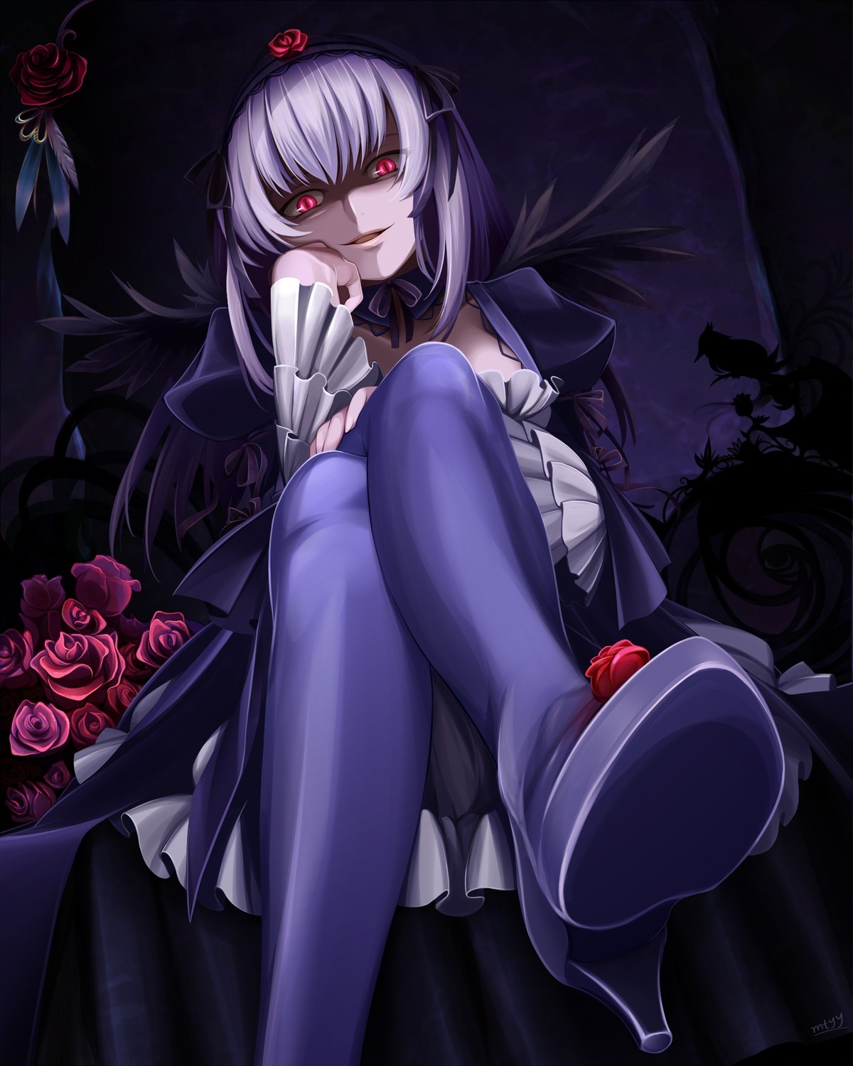 1girl commentary_request crossed_legs dress flower frills from_below gothic_lolita grin hairband high_heels highres image legs lolita_fashion long_hair looking_at_viewer mtyy pantyhose photoshop_(medium) purple_legwear red_eyes red_flower rose rozen_maiden sadism shaded_face shoes silver_hair sitting smile solo suigintou wings