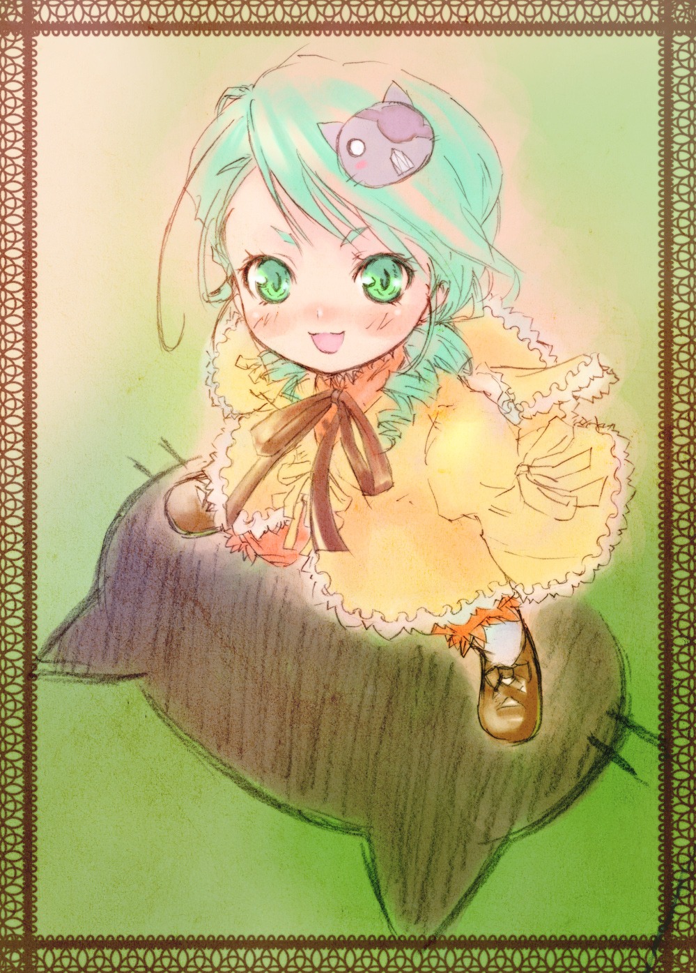 1girl :d blush dress full_body green_eyes green_hair hair_ornament image kanaria looking_at_viewer open_mouth short_hair smile solo