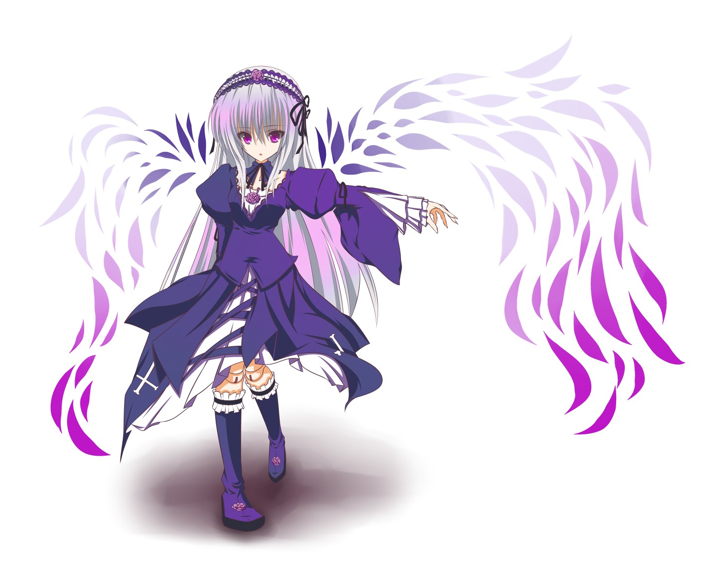 1girl boots dress frills full_body hairband image juliet_sleeves knee_boots long_hair long_sleeves looking_at_viewer puffy_sleeves purple_dress purple_footwear ribbon solo standing suigintou very_long_hair white_background wings