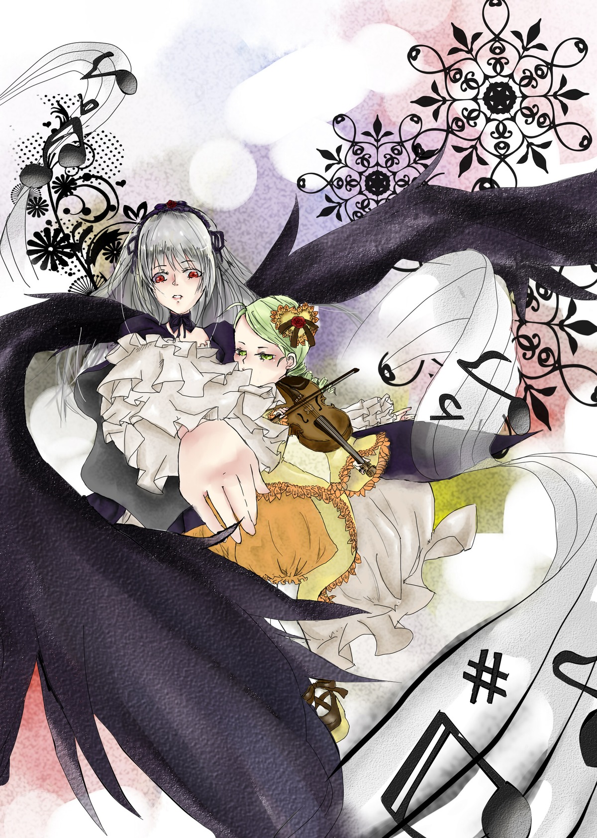 2girls black_wings blonde_hair dress flower frills green_eyes green_hair hairband image kanaria long_hair long_sleeves multiple_girls pair red_eyes ribbon silver_hair suigintou wings