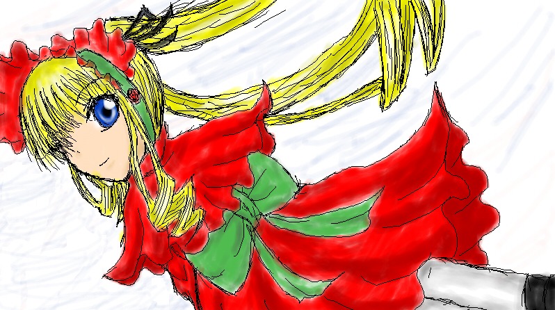 1girl blonde_hair blue_eyes bonnet bow dress drill_hair flower green_bow image long_hair long_sleeves looking_at_viewer red_dress shinku simple_background smile solo twin_drills twintails very_long_hair white_background