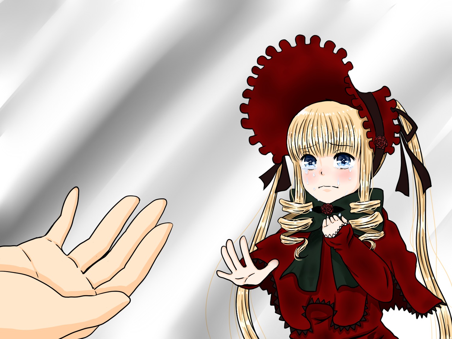 1girl blonde_hair blue_eyes blush bonnet crying dress drill_hair hands image long_hair long_sleeves outstretched_hand red_dress ribbon shinku solo solo_focus tears twin_drills twintails