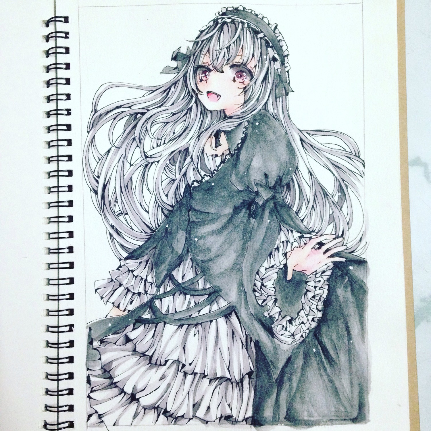 1girl black_dress blush dress frilled_sleeves frills gothic_lolita hairband image juliet_sleeves lolita_fashion lolita_hairband long_hair long_sleeves looking_at_viewer marker_(medium) open_mouth pink_eyes puffy_sleeves shikishi silver_hair smile solo suigintou traditional_media wide_sleeves