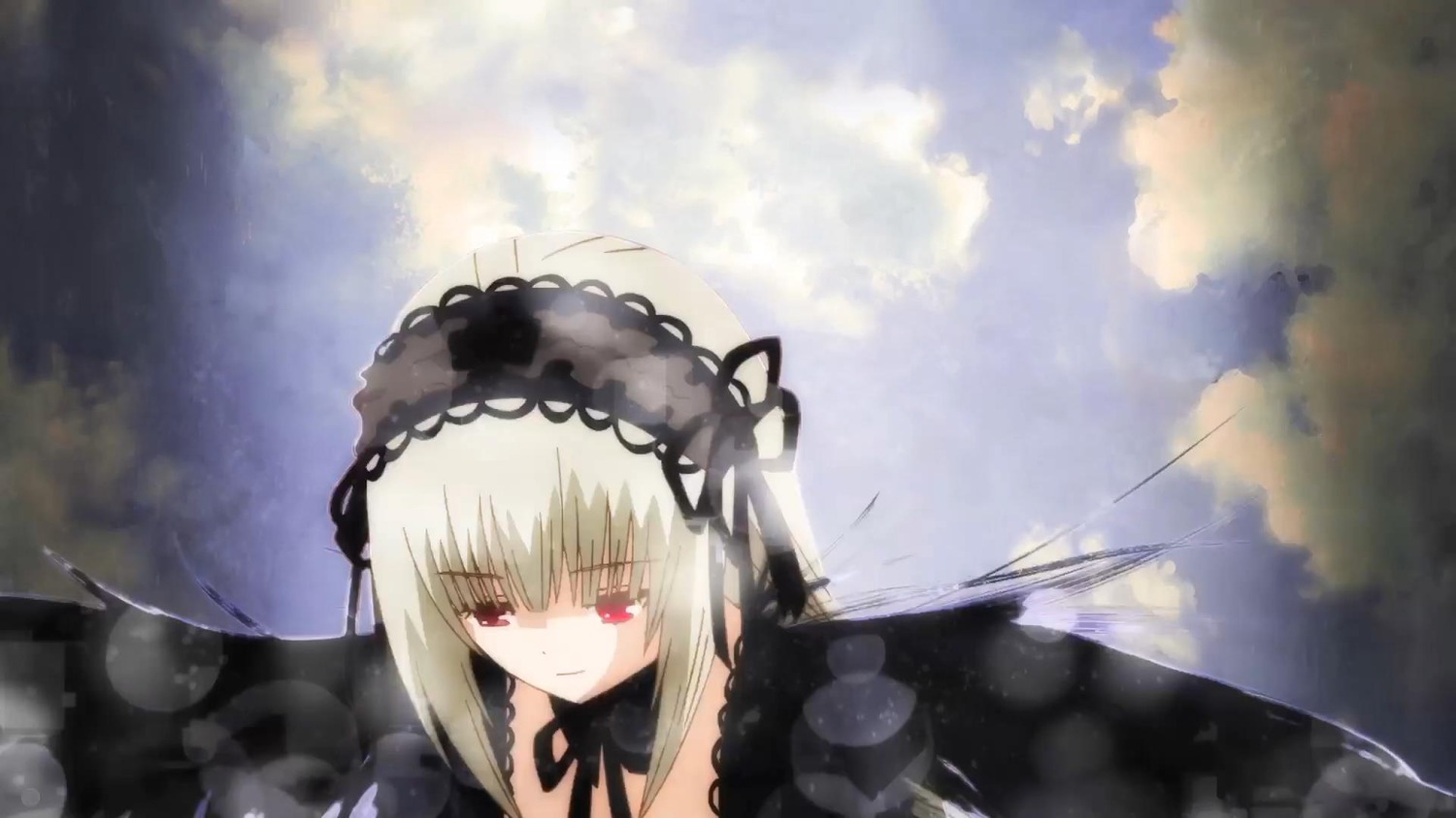 1girl bangs black_ribbon closed_mouth cloud cloudy_sky dress eyebrows_visible_through_hair hairband image long_hair outdoors red_eyes ribbon silver_hair sky solo suigintou