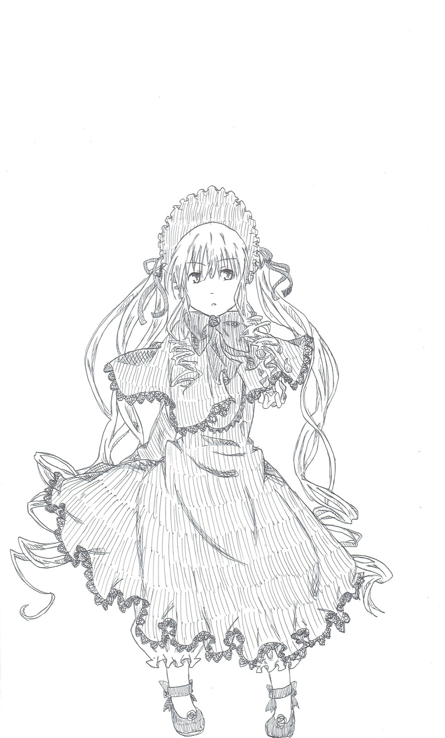 1girl capelet dress flower full_body greyscale image long_hair looking_at_viewer monochrome shinku solo standing twintails very_long_hair