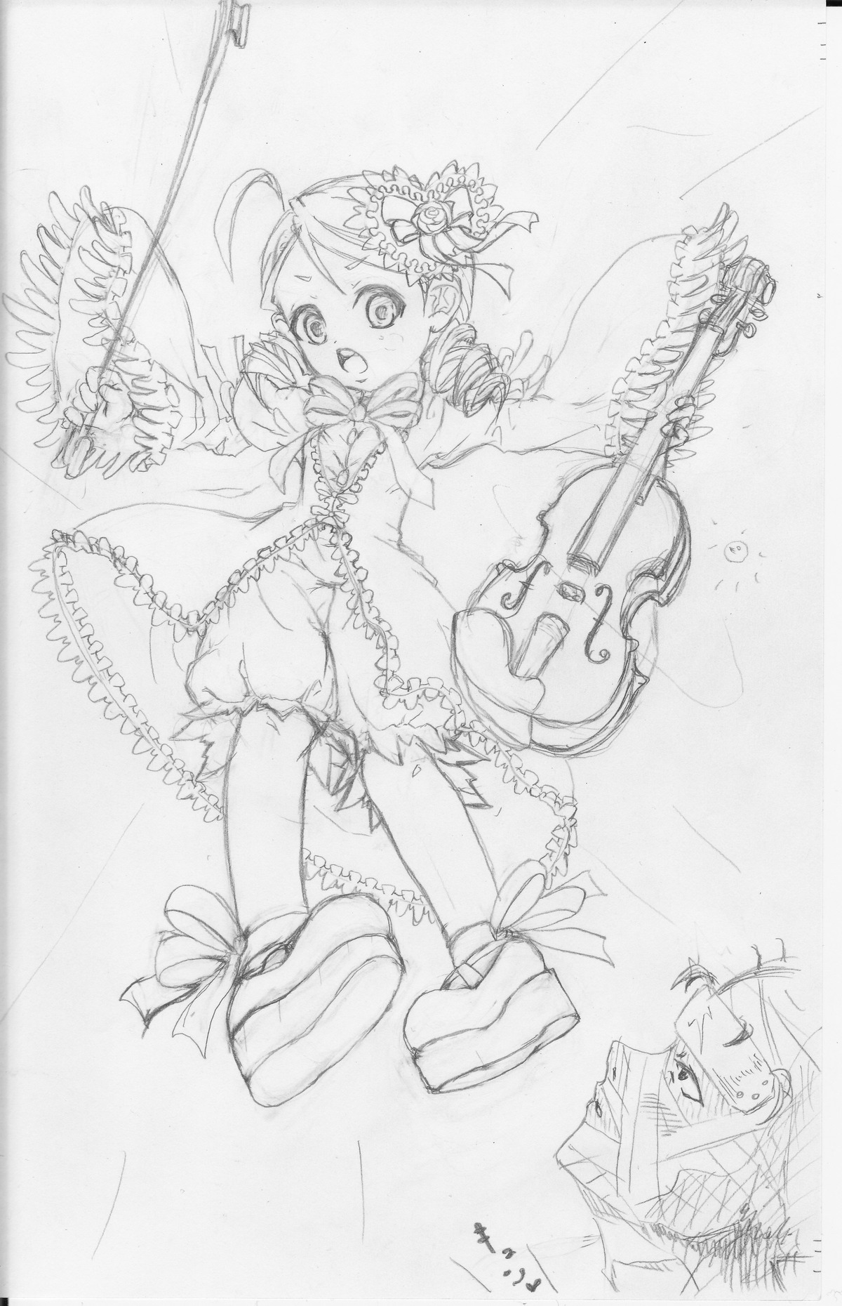 1girl dress drill_hair electric_guitar frills graphite_(medium) greyscale guitar hair_ornament image instrument kanaria kneehighs monochrome musical_note ribbon sketch solo traditional_media violin