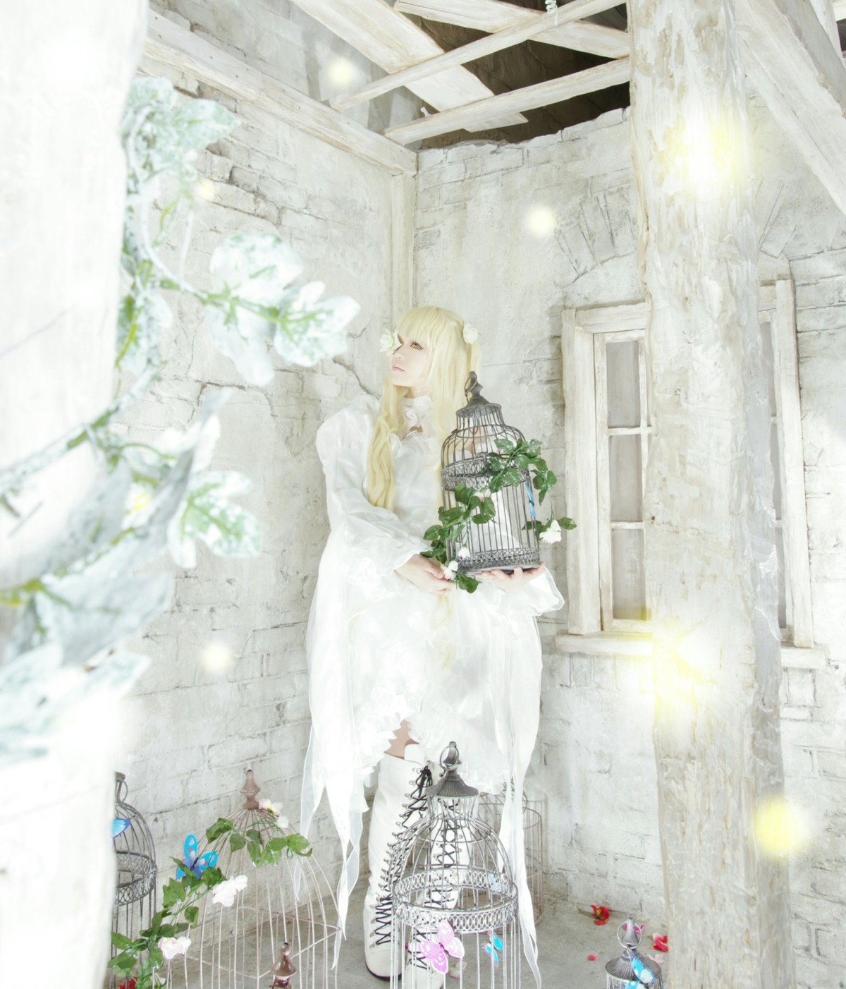 1girl blonde_hair bouquet building dress flower kirakishou long_hair outdoors solo standing white_dress window