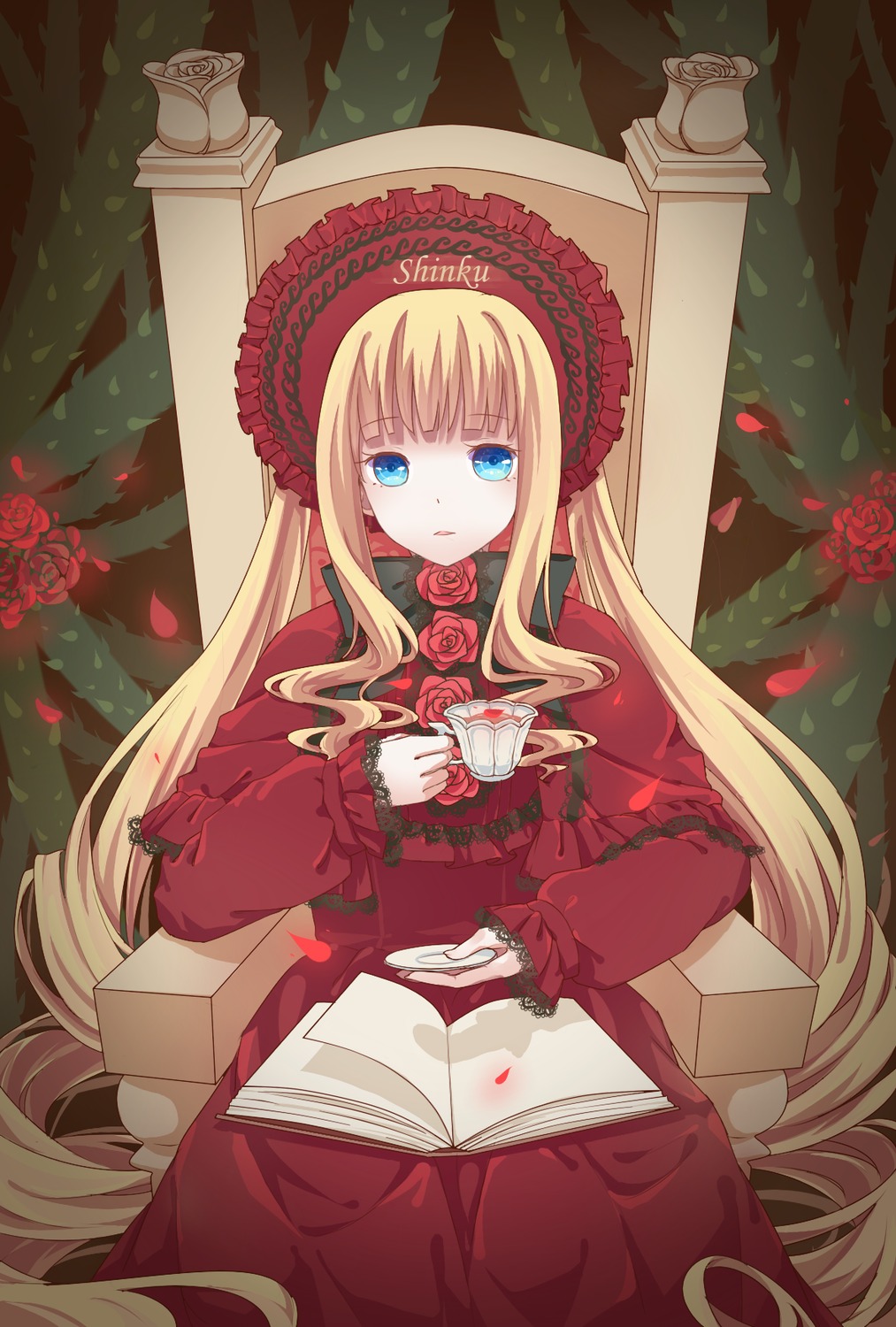 1girl blonde_hair blue_eyes bonnet book dress flower image long_hair looking_at_viewer open_book petals pink_rose red_dress red_flower red_rose rose rose_petals shinku sitting solo very_long_hair