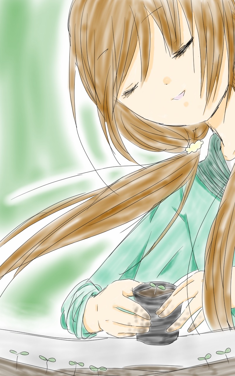 1girl brown_hair closed_eyes hair_ornament hair_scrunchie image long_hair long_sleeves scrunchie smile solo suiseiseki