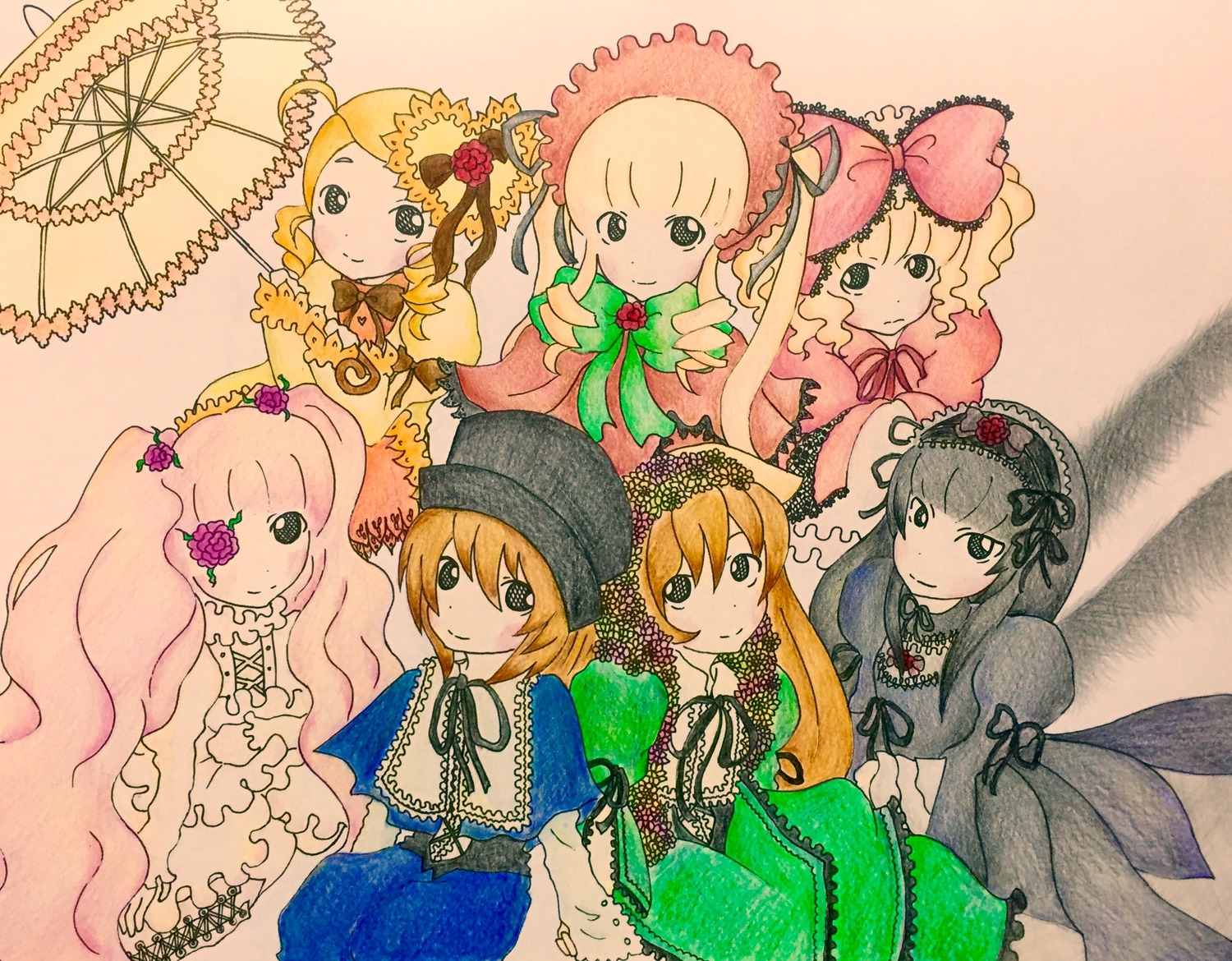 6+girls black_dress blonde_hair blue_eyes bonnet bow brown_hair dress drill_hair flower frills green_dress hat hina_ichigo image kanaria long_hair long_sleeves looking_at_viewer multiple multiple_girls pink_bow rose shinku short_hair sisters smile souseiseki suigintou suiseiseki tagme twintails very_long_hair