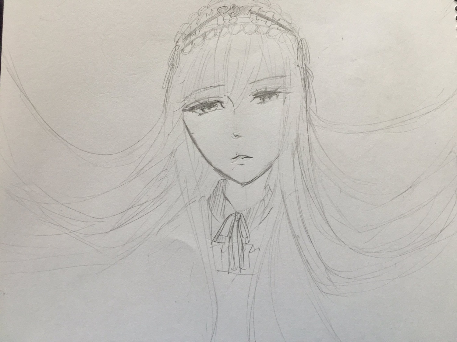 1girl floating_hair greyscale hairband image long_hair looking_at_viewer monochrome ribbon sketch solo suigintou traditional_media