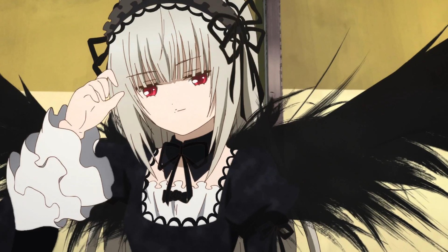 1girl auto_tagged bangs black_dress black_ribbon black_wings closed_mouth detached_collar dress feathered_wings hairband image long_hair long_sleeves looking_at_viewer red_eyes ribbon silver_hair solo suigintou upper_body wings