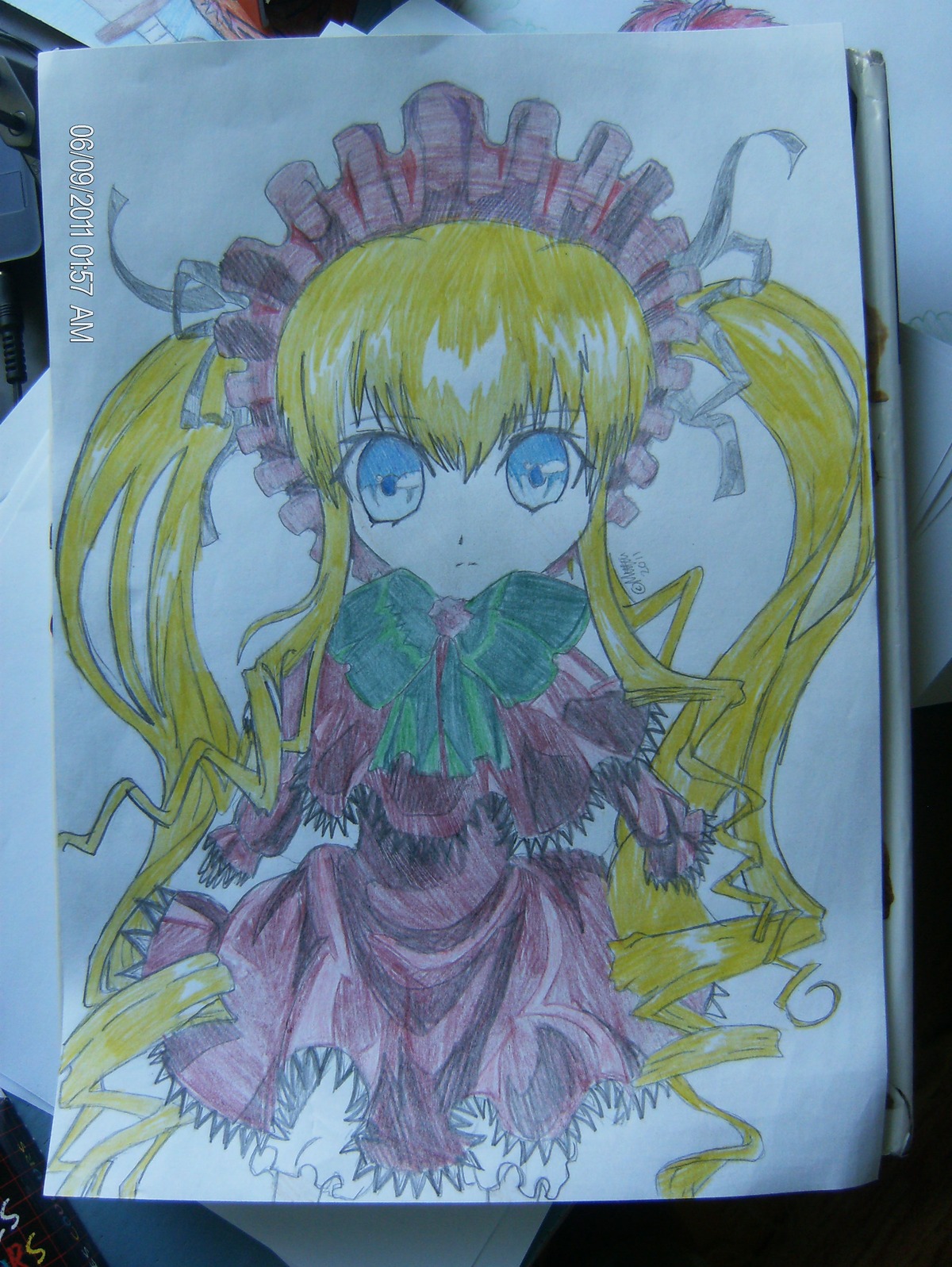 1girl blonde_hair blue_eyes bow bowtie dress drill_hair frills green_bow green_neckwear image long_hair long_sleeves looking_at_viewer marker_(medium) photo shikishi shinku simple_background solo traditional_media twin_drills twintails watercolor_(medium)