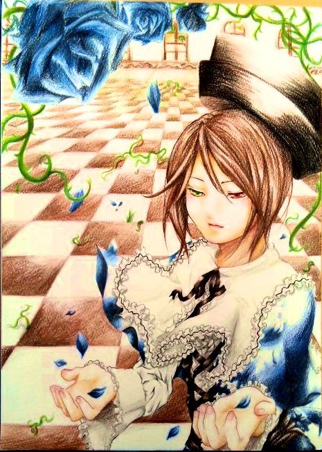 1girl argyle argyle_background blue_flower blue_rose board_game brown_hair checkered checkered_background checkered_floor chess_piece flower green_eyes hat image one_eye_closed perspective petals rose solo souseiseki tile_floor tiles top_hat traditional_media