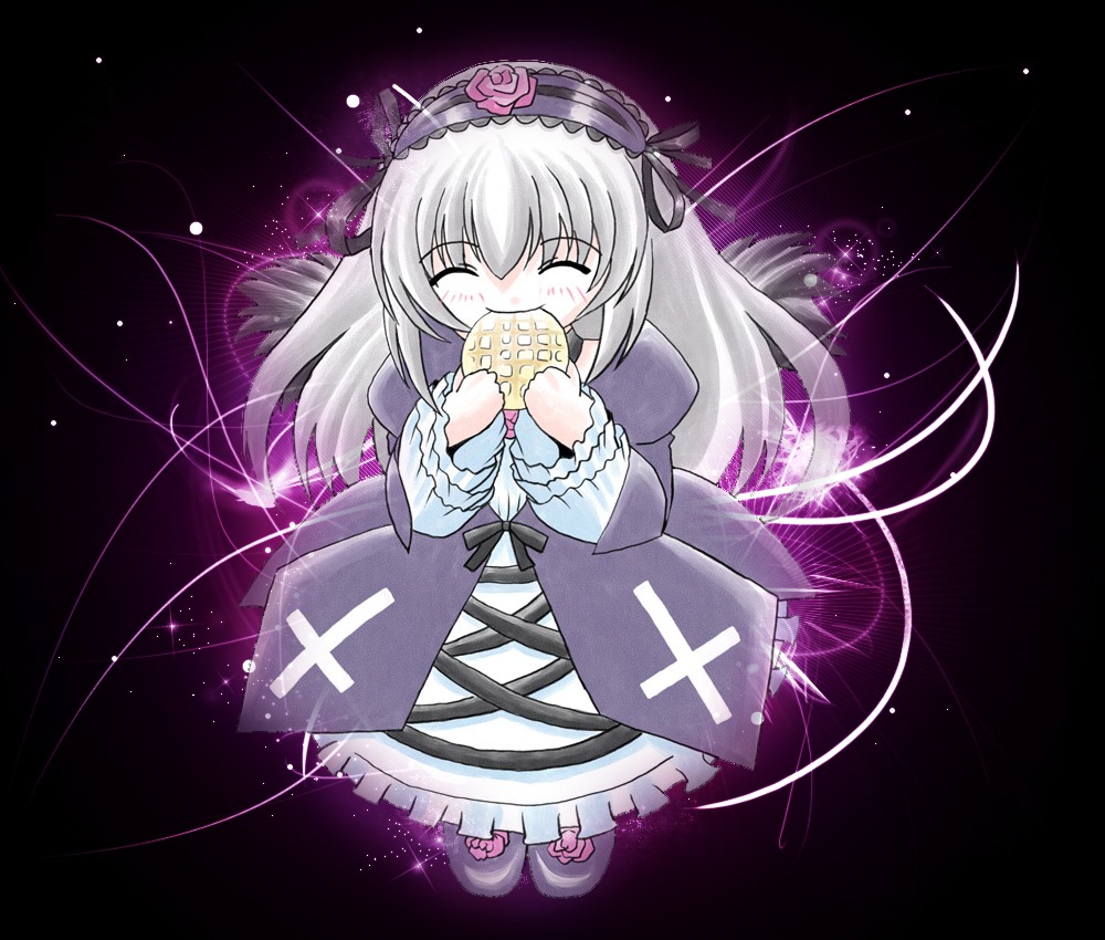 1girl blush closed_eyes dress eating flower food frills full_body hairband image long_hair long_sleeves ribbon rose silver_hair solo standing suigintou wings