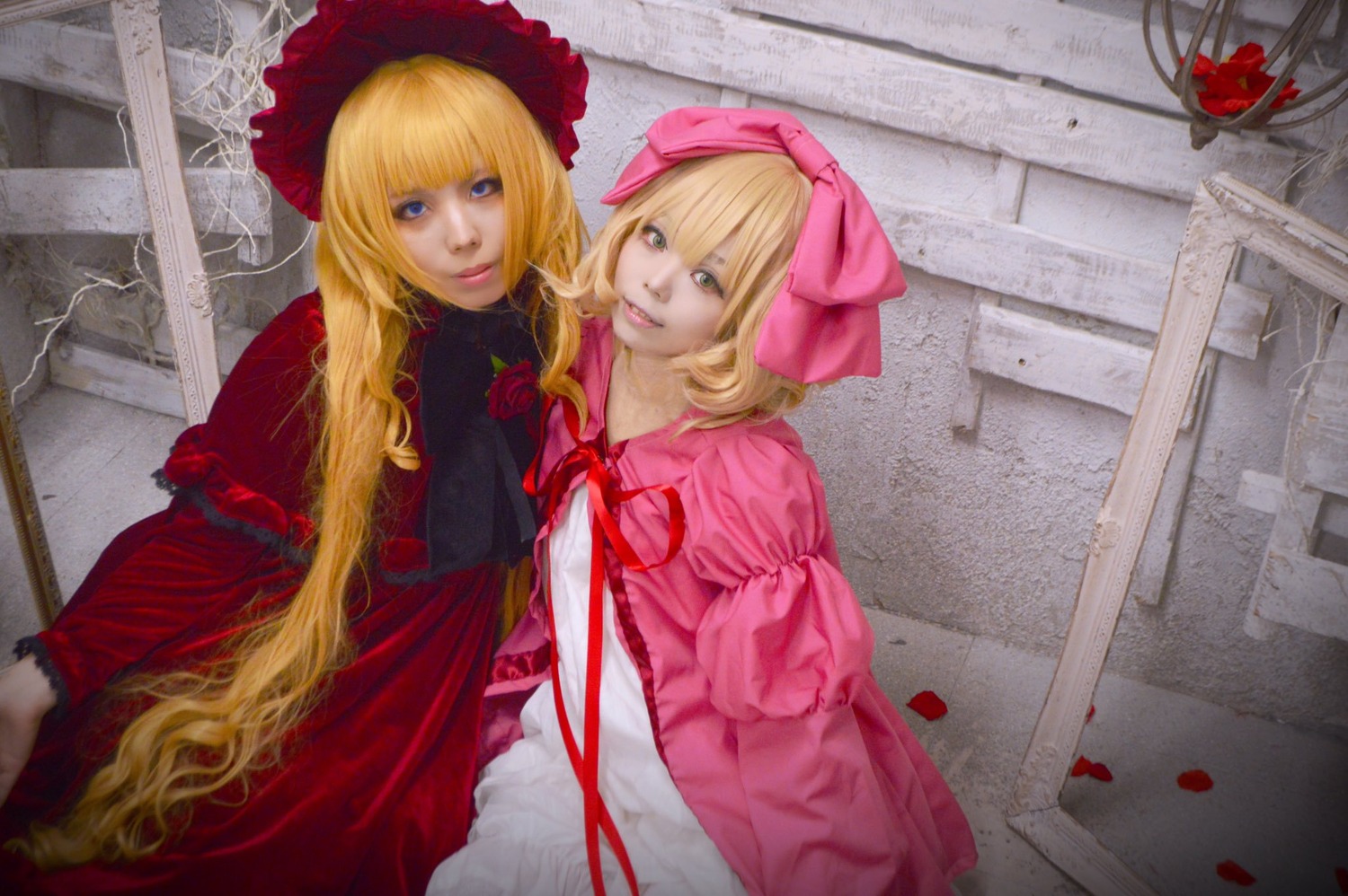 2girls blonde_hair bow dress flower lips long_hair looking_at_viewer multiple_cosplay multiple_girls rose tagme