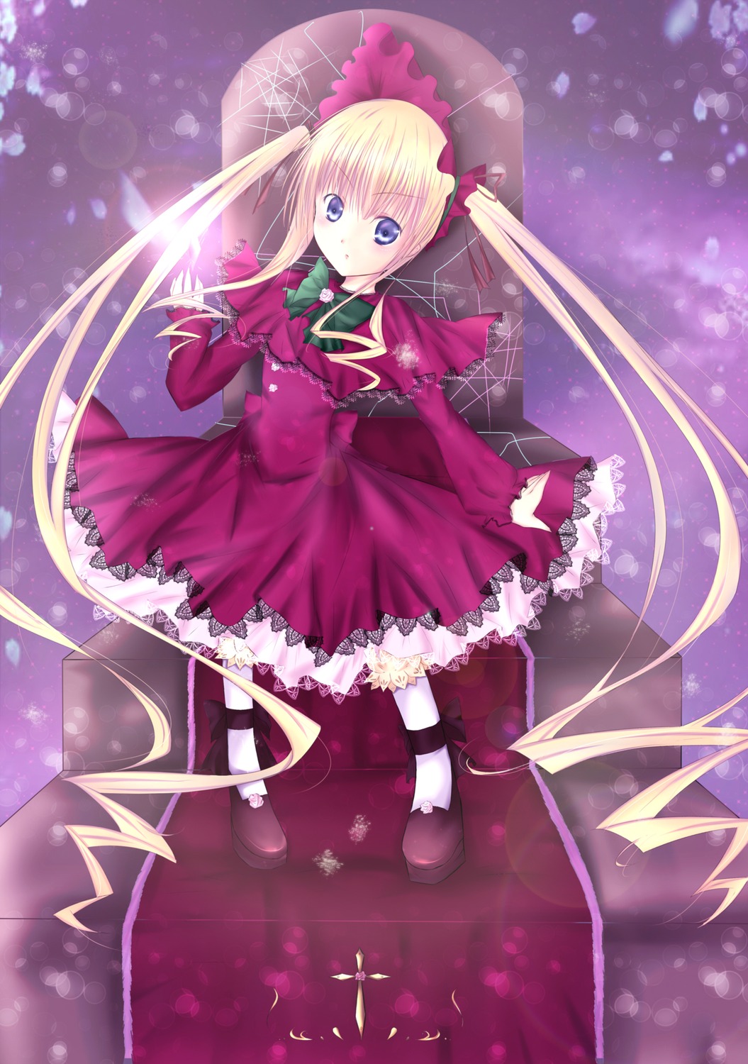 1girl blonde_hair blue_eyes bow bowtie dress full_body image lolita_fashion long_hair long_sleeves looking_at_viewer mary_janes red_dress shinku shoes solo standing twintails umbrella very_long_hair