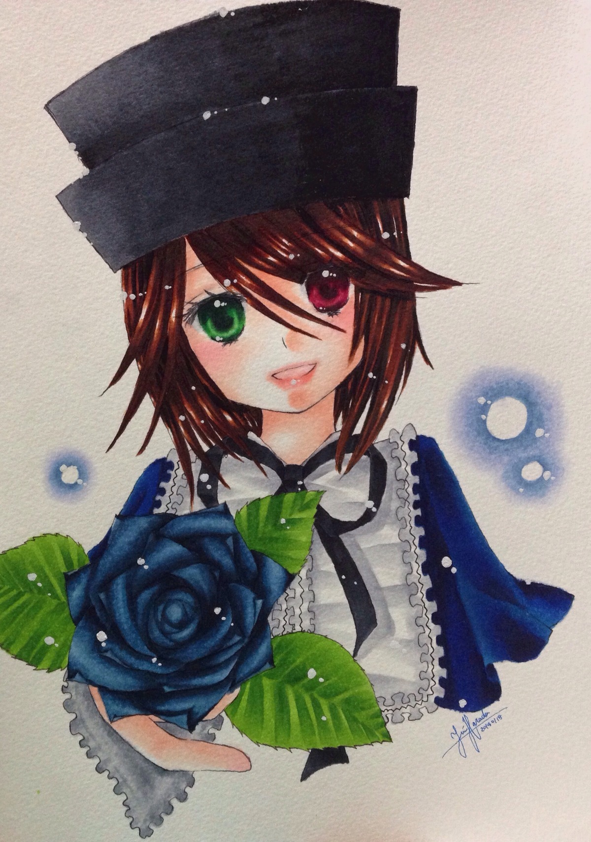 1girl blue_flower brown_hair flower green_eyes hat heterochromia image looking_at_viewer red_eyes rose short_hair signature smile solo souseiseki suiseiseki top_hat traditional_media upper_body