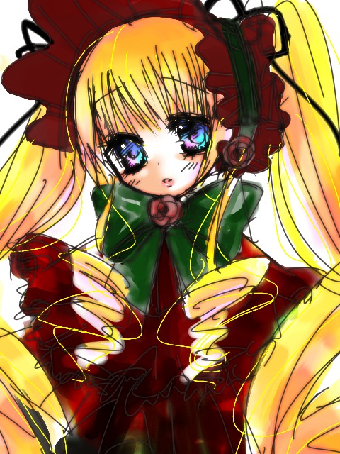 1girl blonde_hair blue_eyes bonnet bow bowtie dress green_bow image long_hair long_sleeves looking_at_viewer red_dress rose shinku simple_background solo twintails very_long_hair white_background