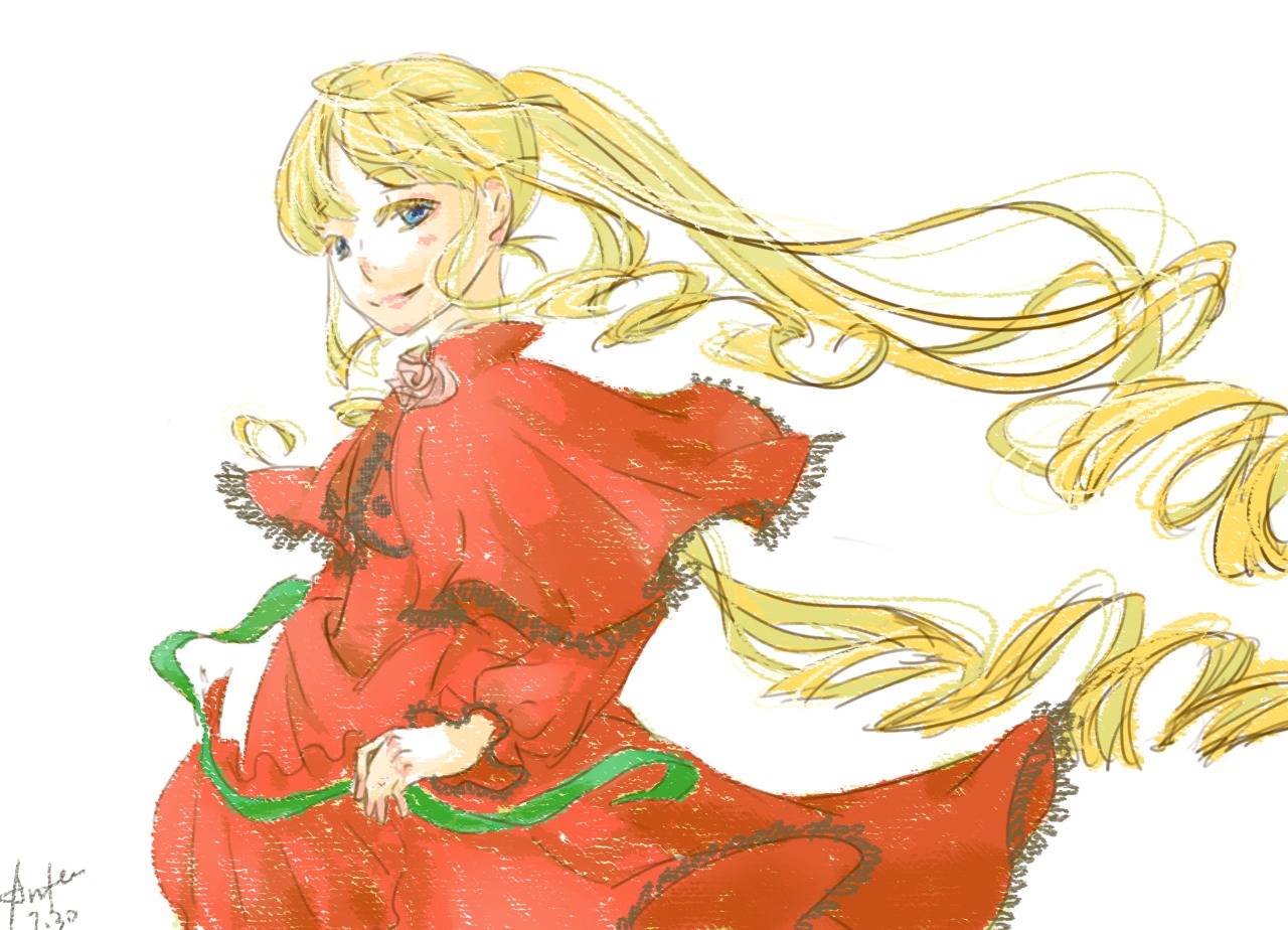 1girl blonde_hair blue_eyes cape capelet dated dress drill_hair image long_hair long_sleeves looking_at_viewer ponytail red_capelet ribbon shinku signature smile solo twin_drills very_long_hair white_background