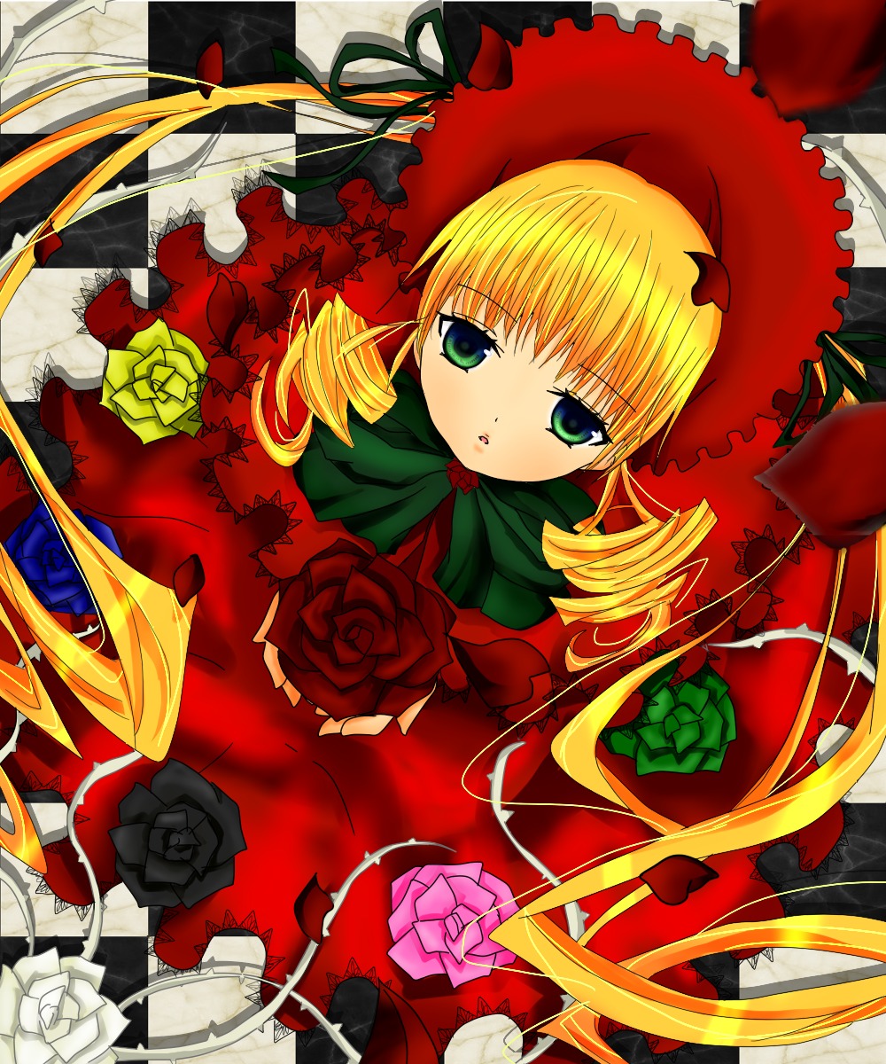 1girl blonde_hair bow dress drill_hair flower image long_hair looking_at_viewer lying pink_rose red_flower red_rose rose shinku solo thorns twin_drills twintails