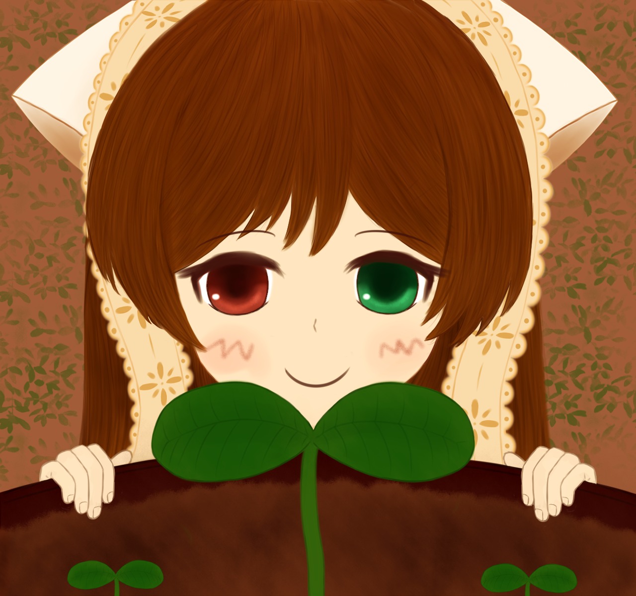 1girl blush_stickers brown_hair clover four-leaf_clover green_eyes hat heterochromia image red_eyes solo suiseiseki