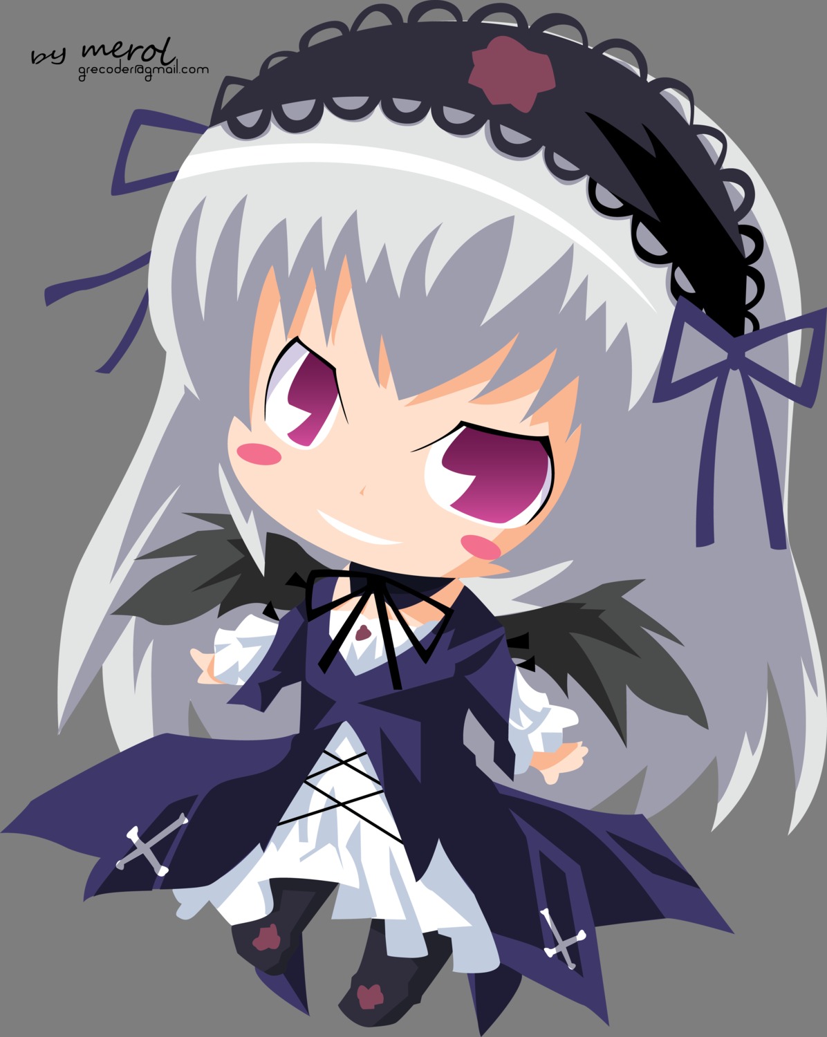 1girl akemi_homura black_hair black_wings blush_stickers chibi choker dress hairband image long_hair long_sleeves looking_at_viewer purple_eyes ribbon smile solo suigintou wings