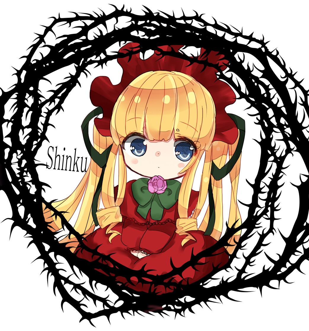 1girl bangs blonde_hair blue_eyes blush bonnet bow bowtie chibi dress eyebrows_visible_through_hair flower image long_hair long_sleeves looking_at_viewer red_capelet red_dress red_flower red_rose rose shinku sitting solo twintails very_long_hair vines white_background