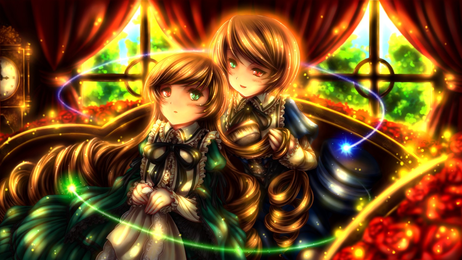 2girls blonde_hair brown_hair curtains dress flower green_eyes heterochromia image long_hair multiple_girls pair red_eyes rose siblings sisters souseiseki suiseiseki twins very_long_hair window