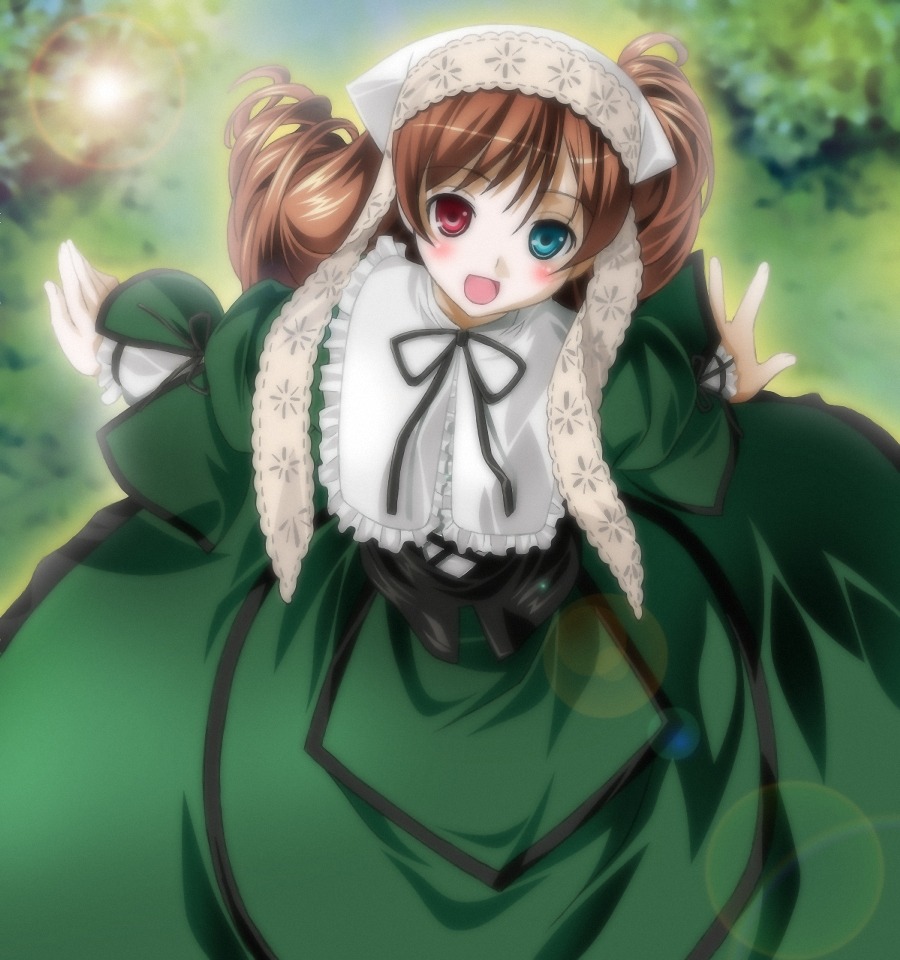 1girl :d auto_tagged bad_id bad_pixiv_id blue_eyes blush brown_hair dress frills green_dress heterochromia image lens_flare long_hair long_sleeves looking_at_viewer open_mouth outdoors red_eyes ribbon rozen_maiden smile solo suiseiseki twintails umekichi