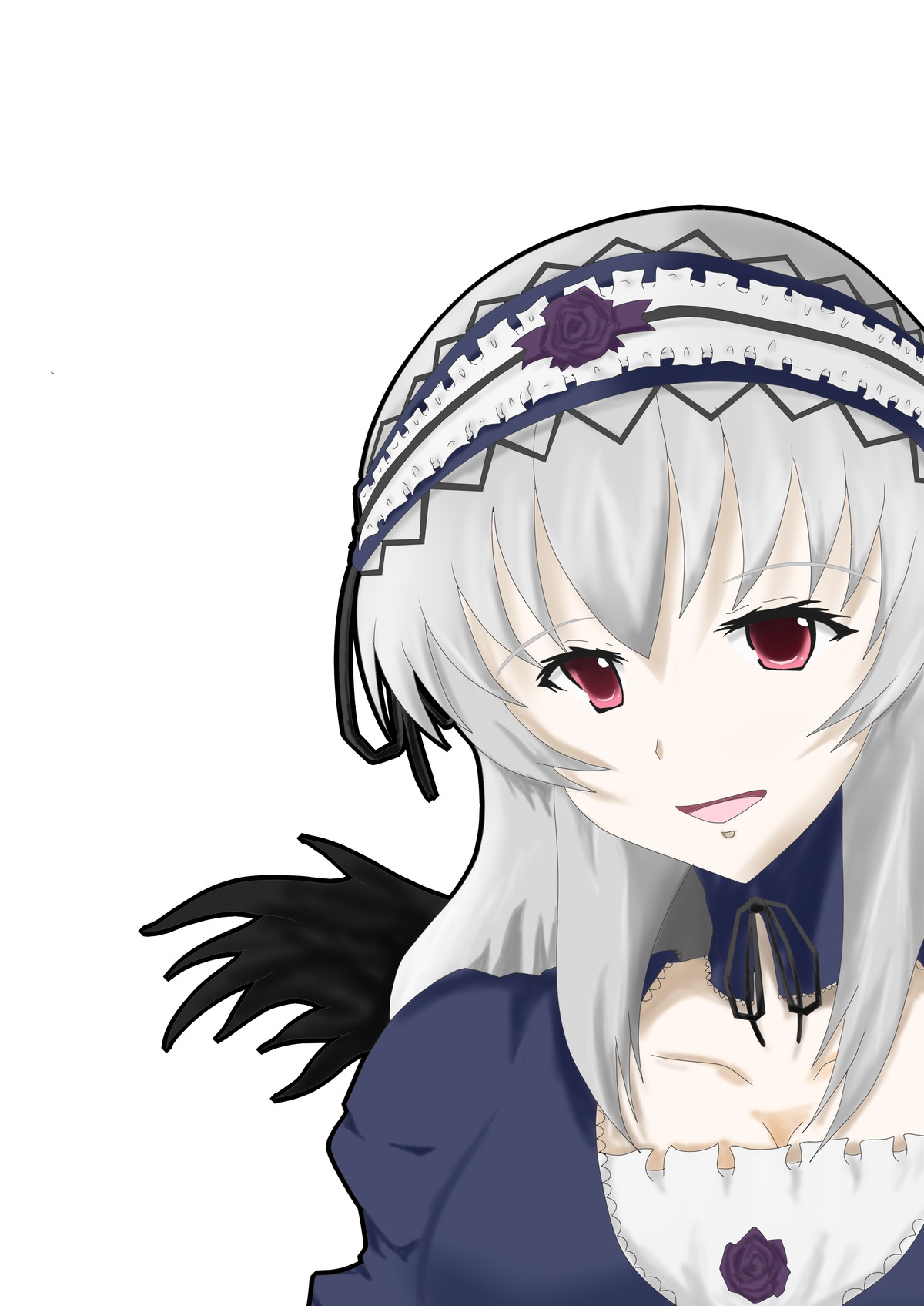 1girl auto_tagged black_wings detached_collar dress flower frills hairband image long_hair looking_at_viewer open_mouth rose silver_hair simple_background smile solo suigintou white_background wings