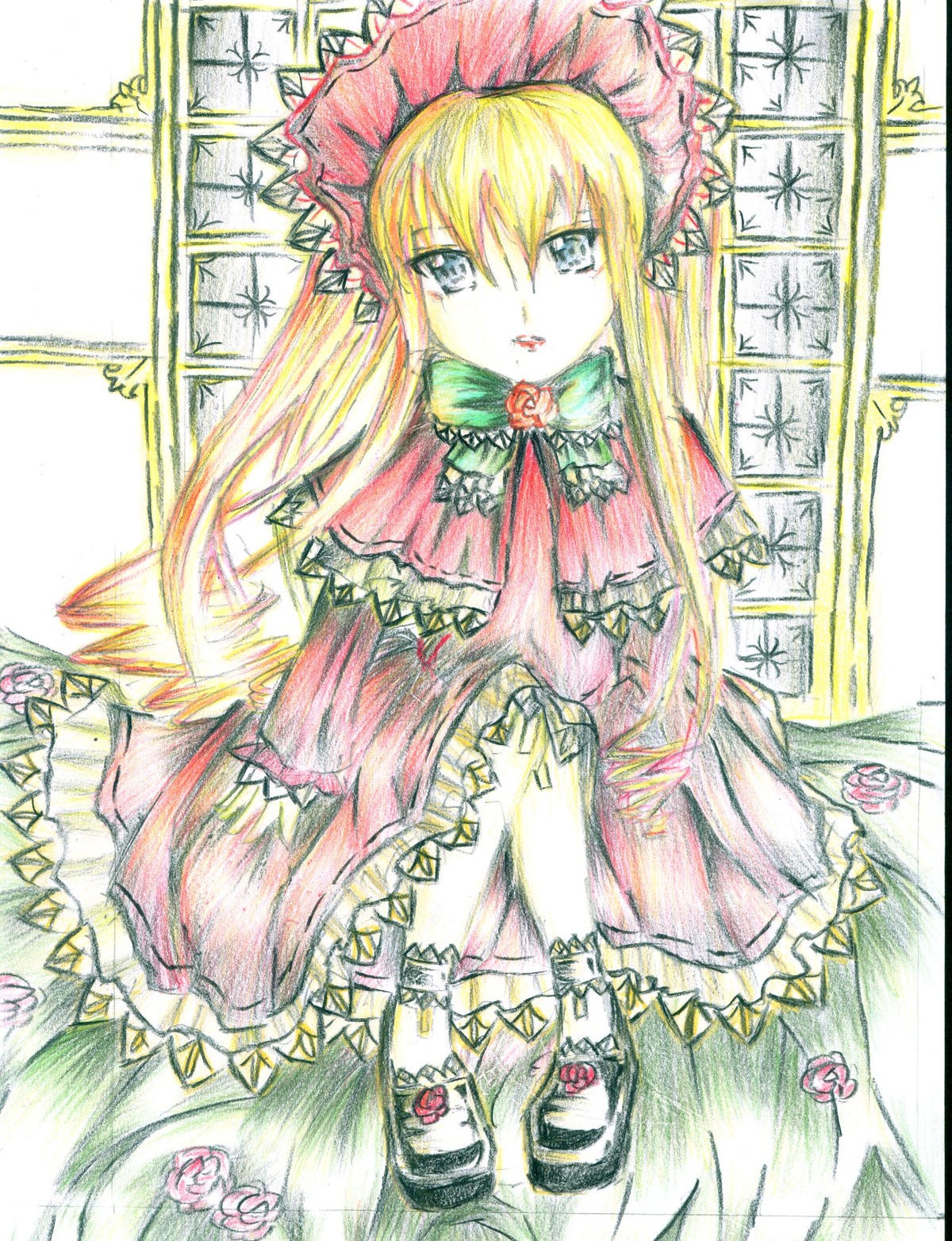 1girl blonde_hair blue_eyes bonnet bow bowtie dress flower frills hat image long_hair long_sleeves looking_at_viewer marker_(medium) rose shinku solo traditional_media