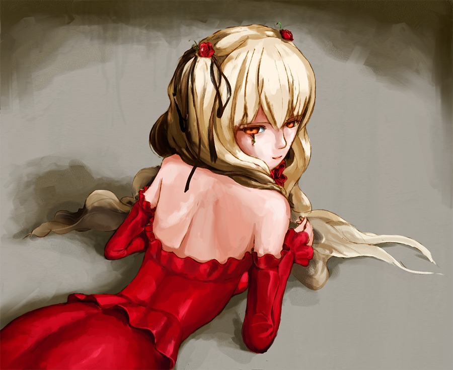 1girl back bare_shoulders blonde_hair costume_switch detached_sleeves dress frills hair_ornament hair_ribbon image long_hair looking_at_viewer looking_back red_dress solo twintails very_long_hair