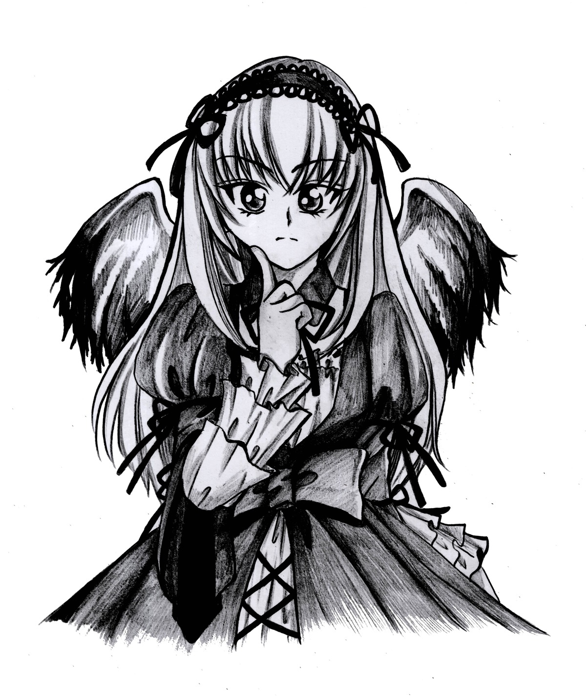 1girl blush dress frills greyscale hairband image index_finger_raised lolita_hairband long_hair long_sleeves looking_at_viewer monochrome simple_background solo suigintou traditional_media wings