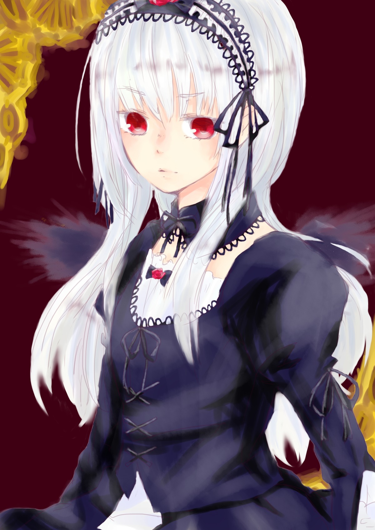 1girl bangs black_dress black_ribbon black_wings closed_mouth detached_collar dress expressionless frills hairband image juliet_sleeves long_hair long_sleeves looking_at_viewer puffy_sleeves red_eyes ribbon silver_hair simple_background solo suigintou wings