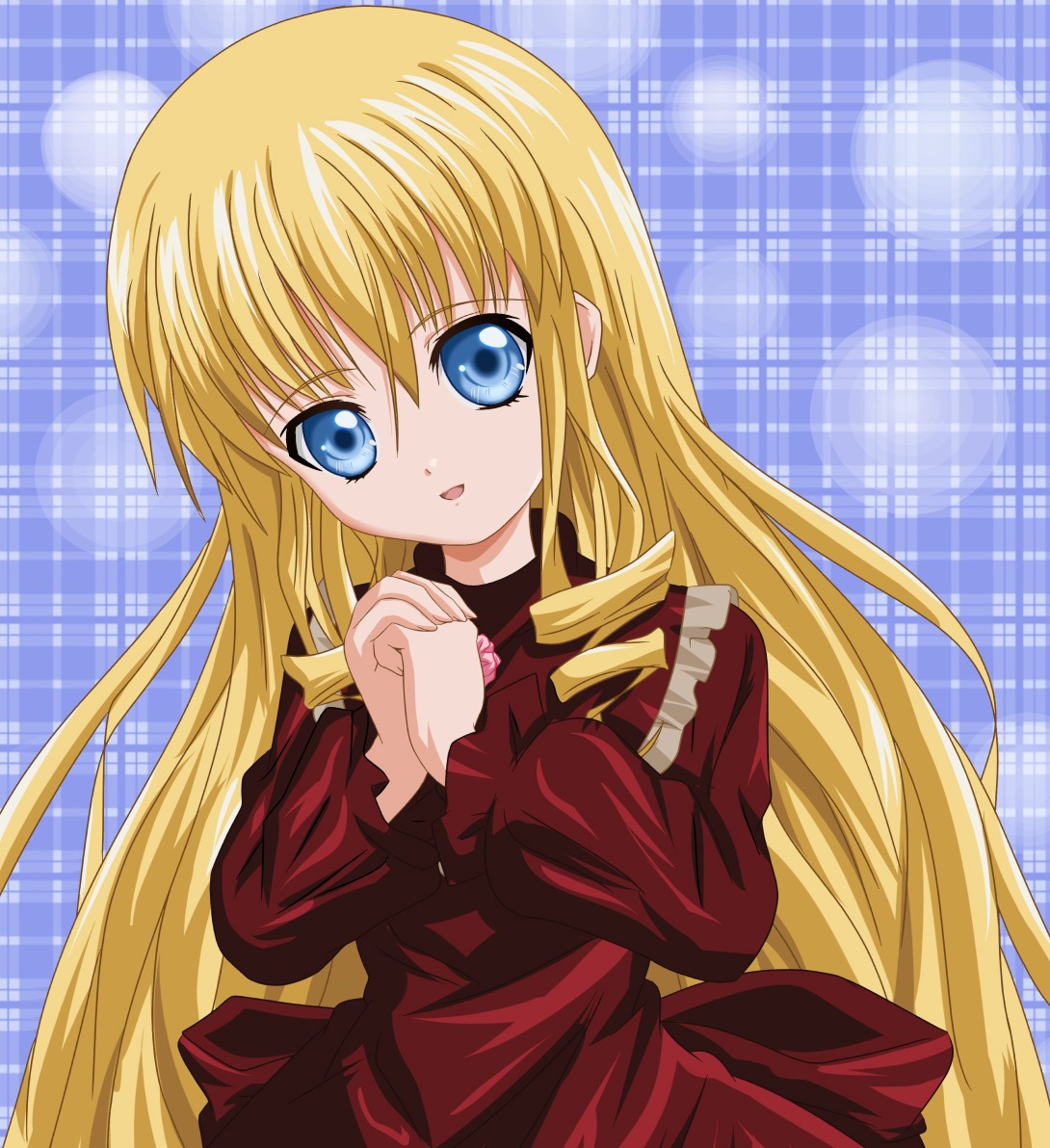 1girl auto_tagged blonde_hair blue_background blue_eyes dress image long_hair long_sleeves looking_at_viewer open_mouth plaid plaid_background shinku smile solo very_long_hair