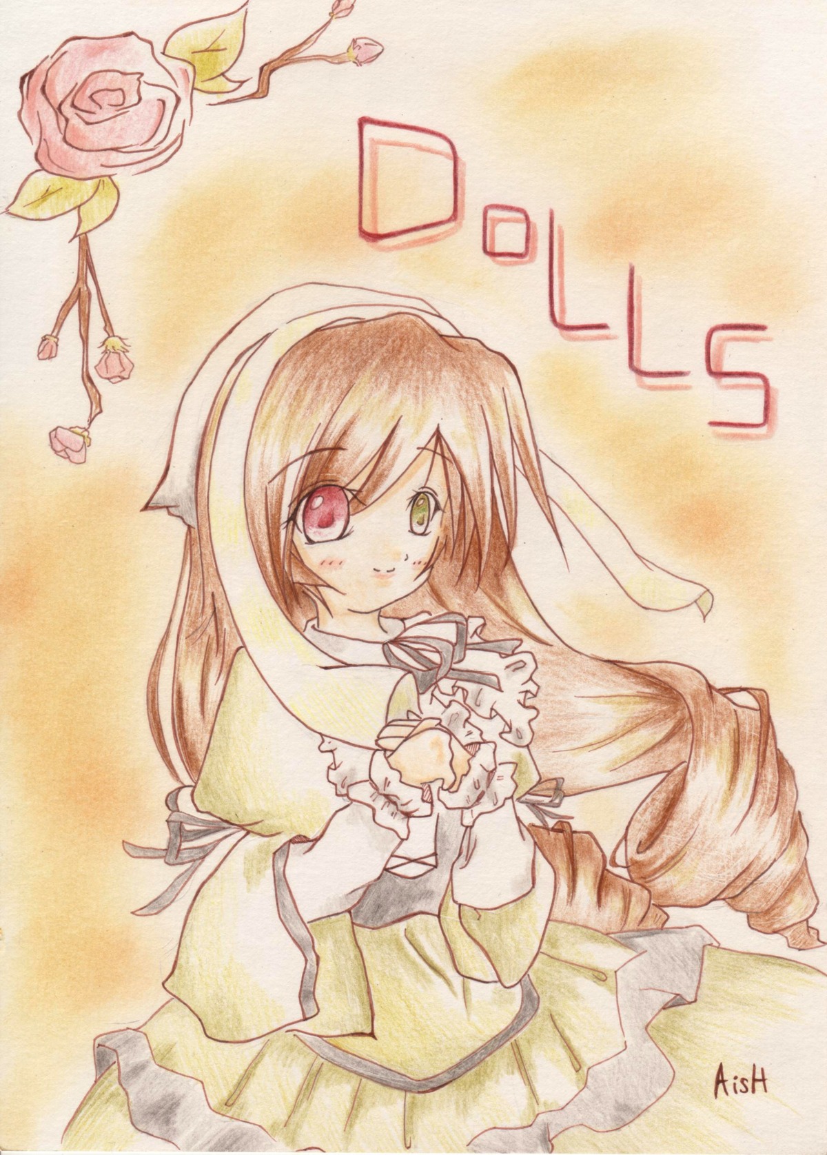 1girl brown_hair dress flower frills green_eyes heterochromia image long_hair long_sleeves looking_at_viewer pink_flower red_eyes rose solo suiseiseki traditional_media very_long_hair