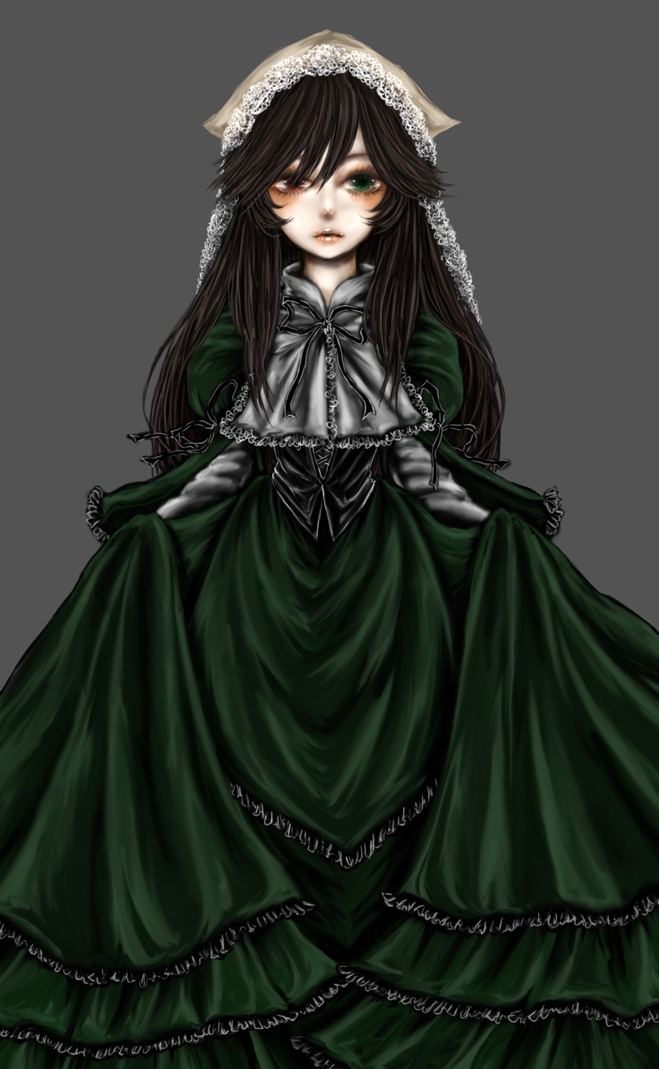 1girl auto_tagged dress frills gloves green_dress green_eyes grey_background image lolita_fashion long_hair simple_background skirt_hold solo suiseiseki very_long_hair