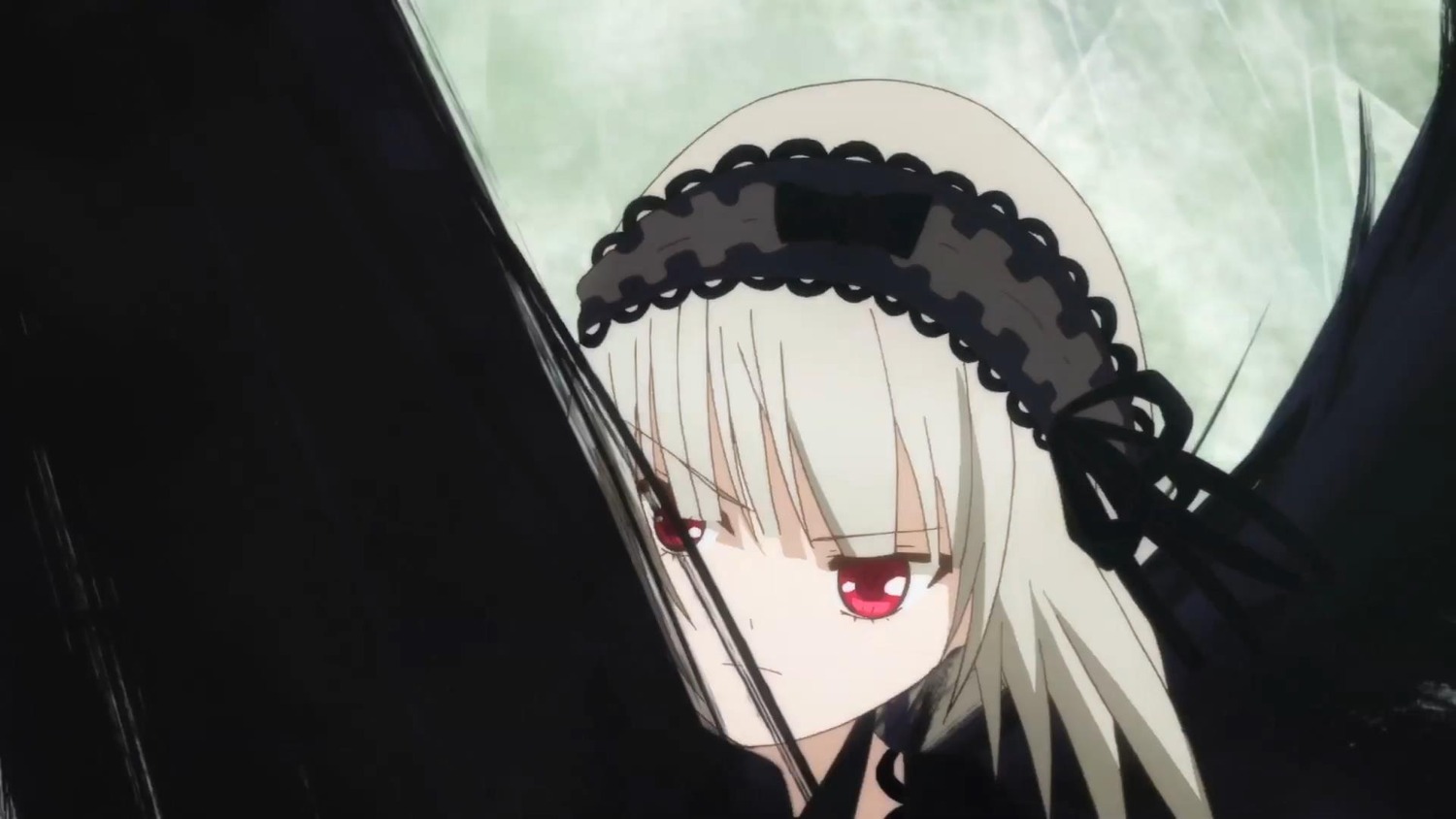 1girl bangs black_ribbon black_wings closed_mouth dress eyebrows_visible_through_hair frills hairband image long_hair red_eyes ribbon silver_hair solo suigintou wings