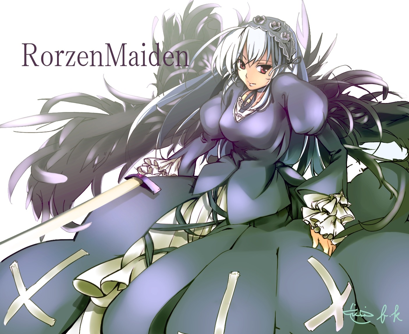 1girl breasts dress feathers frills hairband image juliet_sleeves large_breasts long_hair long_sleeves looking_at_viewer puffy_sleeves red_eyes rose silver_hair solo suigintou text_focus weapon white_background white_hair wings
