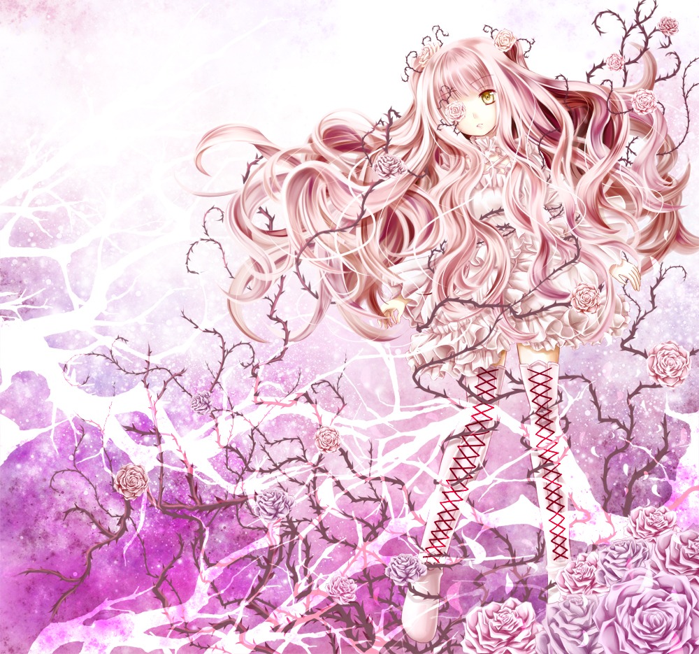 1girl dress flower gloves image kaname_madoka kirakishou long_hair pink_flower pink_hair pink_rose pink_theme rose solo thighhighs thorns two_side_up ultimate_madoka very_long_hair vines white_rose yellow_eyes zettai_ryouiki