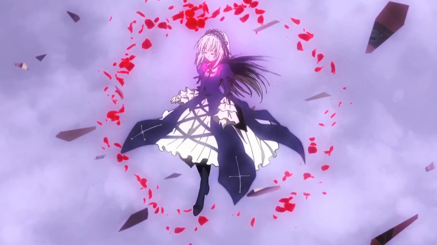 1girl black_dress closed_eyes dress flower frills full_body hairband image long_hair long_sleeves lying petals ribbon silver_hair solo suigintou