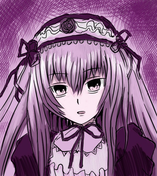 1girl dress frills hair_ribbon hairband image long_hair looking_at_viewer monochrome purple_background purple_theme ribbon rose solo suigintou upper_body