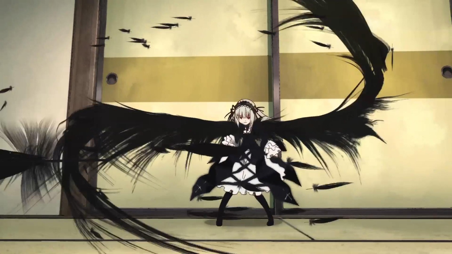1girl black_wings dress feathers image long_hair solo suigintou sword weapon wings