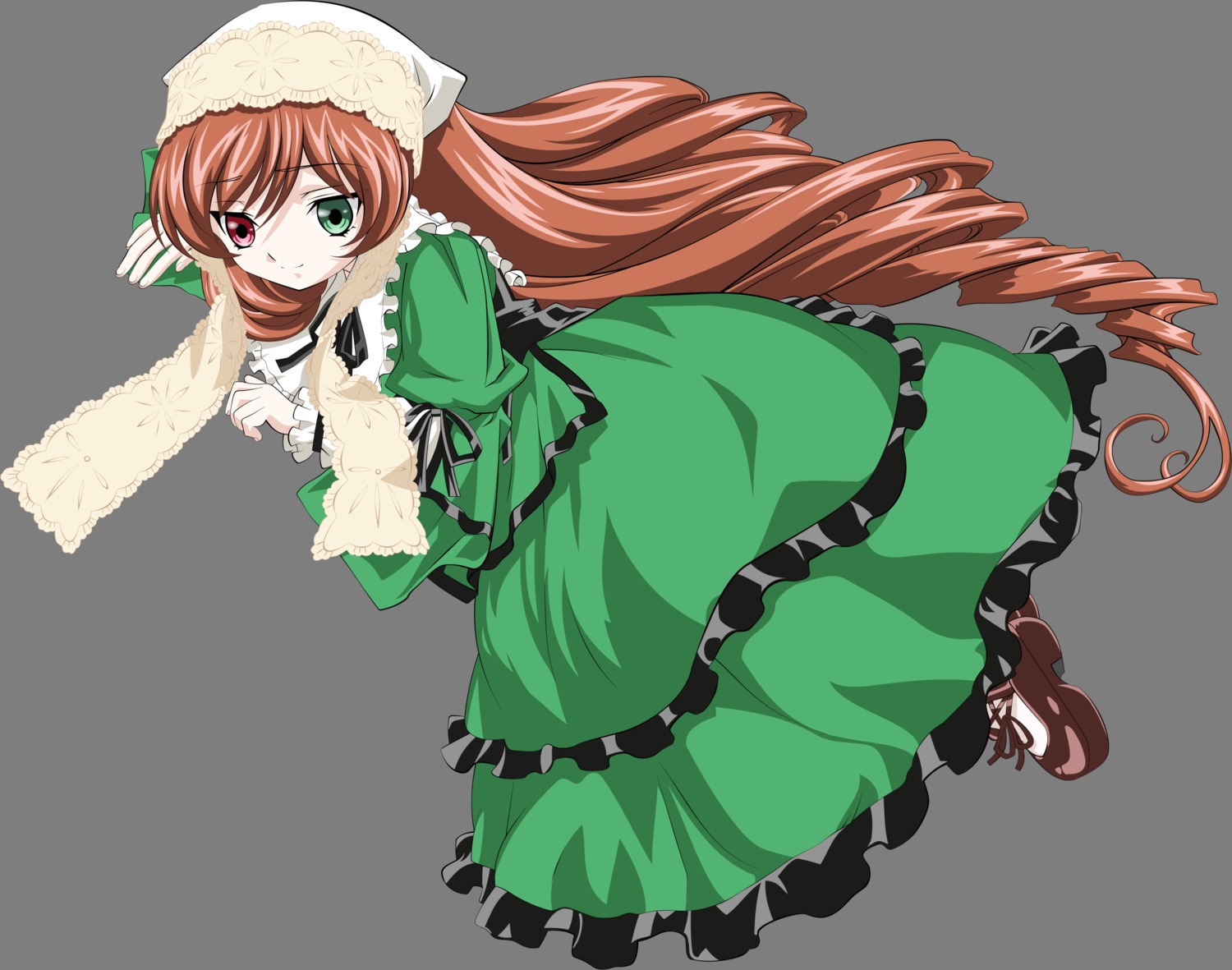 1girl brown_hair dress drill_hair frills full_body green_dress green_eyes hat heterochromia image long_hair long_sleeves looking_at_viewer red_eyes ribbon solo style_parody suiseiseki transparent_background twin_drills very_long_hair