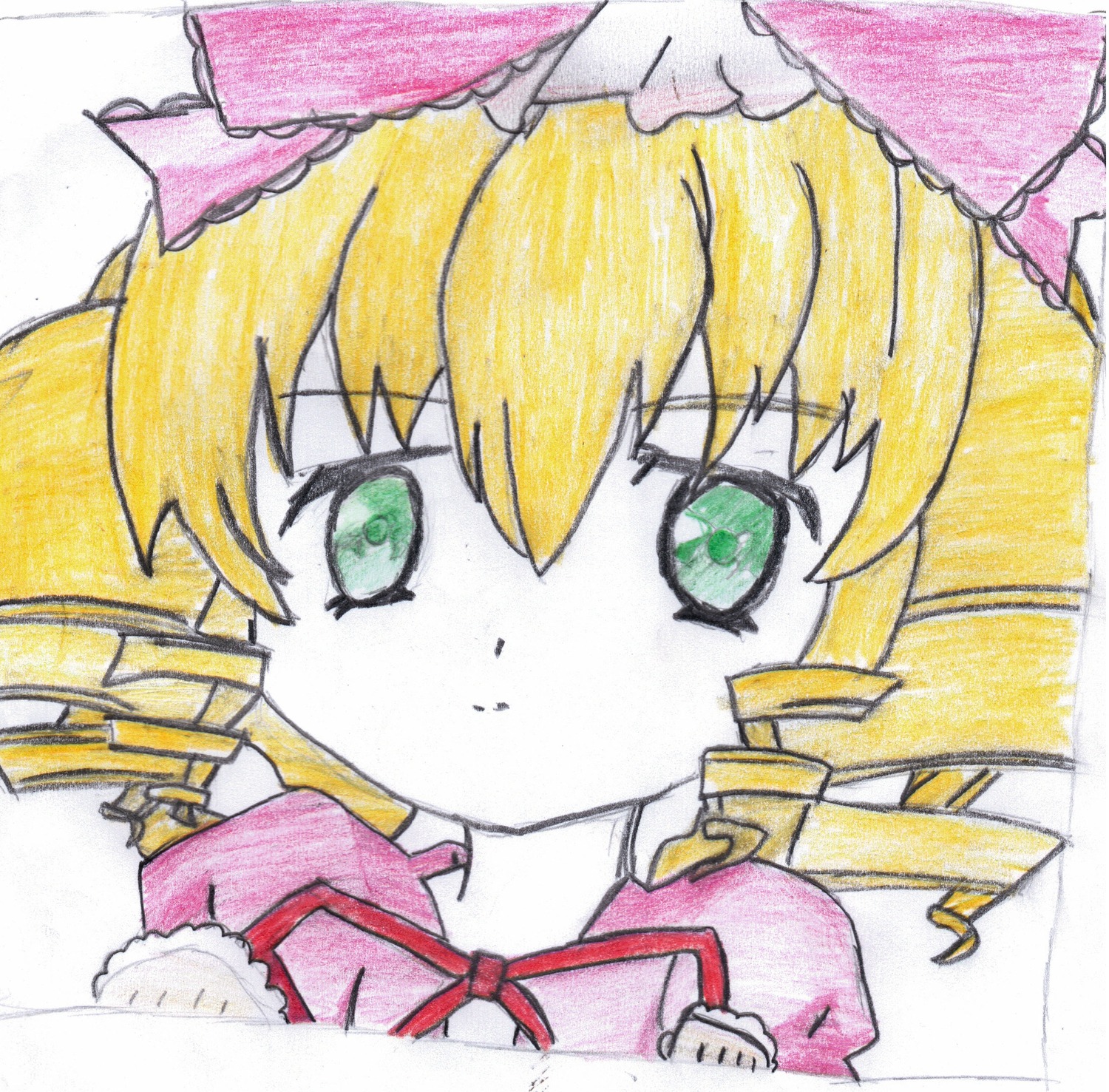 1girl blonde_hair bow drill_hair eyebrows_visible_through_hair green_eyes hair_between_eyes hina_ichigo hinaichigo image looking_at_viewer marker_(medium) pink_bow portrait ribbon shikishi simple_background solo traditional_media umbrella white_background