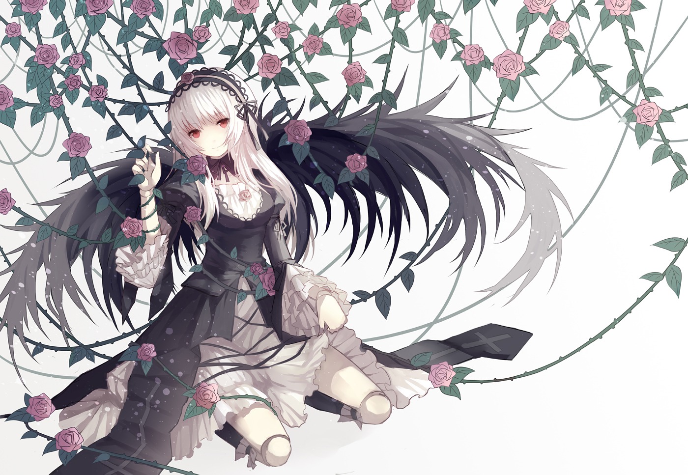 1girl commentary_request cross cuivre doll_joints dress flower frills gothic_lolita hairband image joints lolita_fashion long_hair looking_at_viewer photoshop_(medium) pink_flower pink_rose plant purple_flower purple_rose red_eyes red_flower red_rose rose rozen_maiden silver_hair solo suigintou thorns very_long_hair vines wings