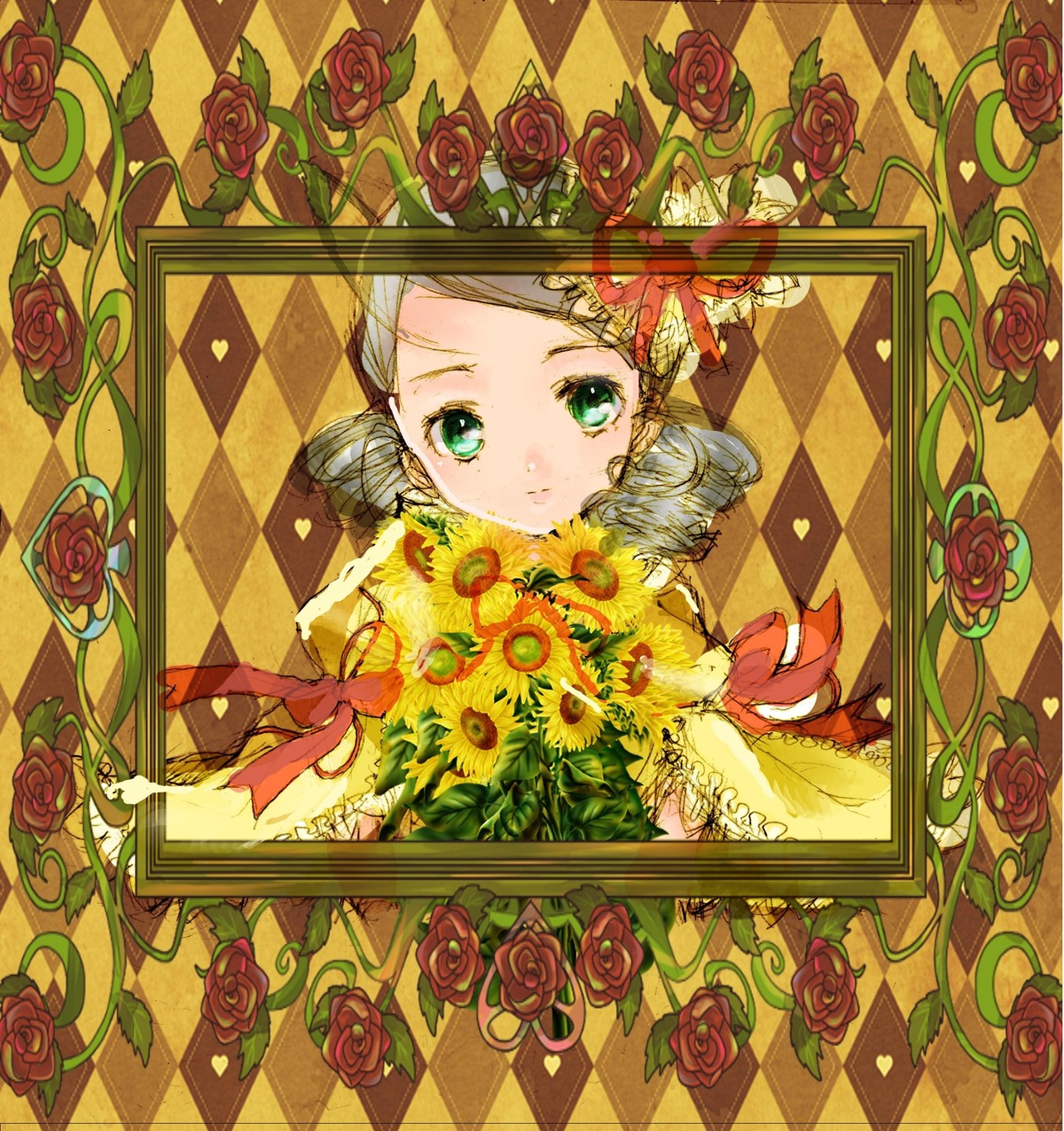 1girl argyle argyle_background argyle_legwear bath bathtub black_flower black_rose blonde_hair board_game camellia checkered checkered_background checkered_floor checkered_kimono chess_piece diamond_(shape) floor flower green_eyes image kanaria mirror on_floor orange_flower perspective petals pink_flower pink_rose plant purple_rose red_flower red_rose reflection rose rose_petals solo thorns tile_floor tile_wall tiles tulip vanishing_point vines yellow_flower yellow_rose