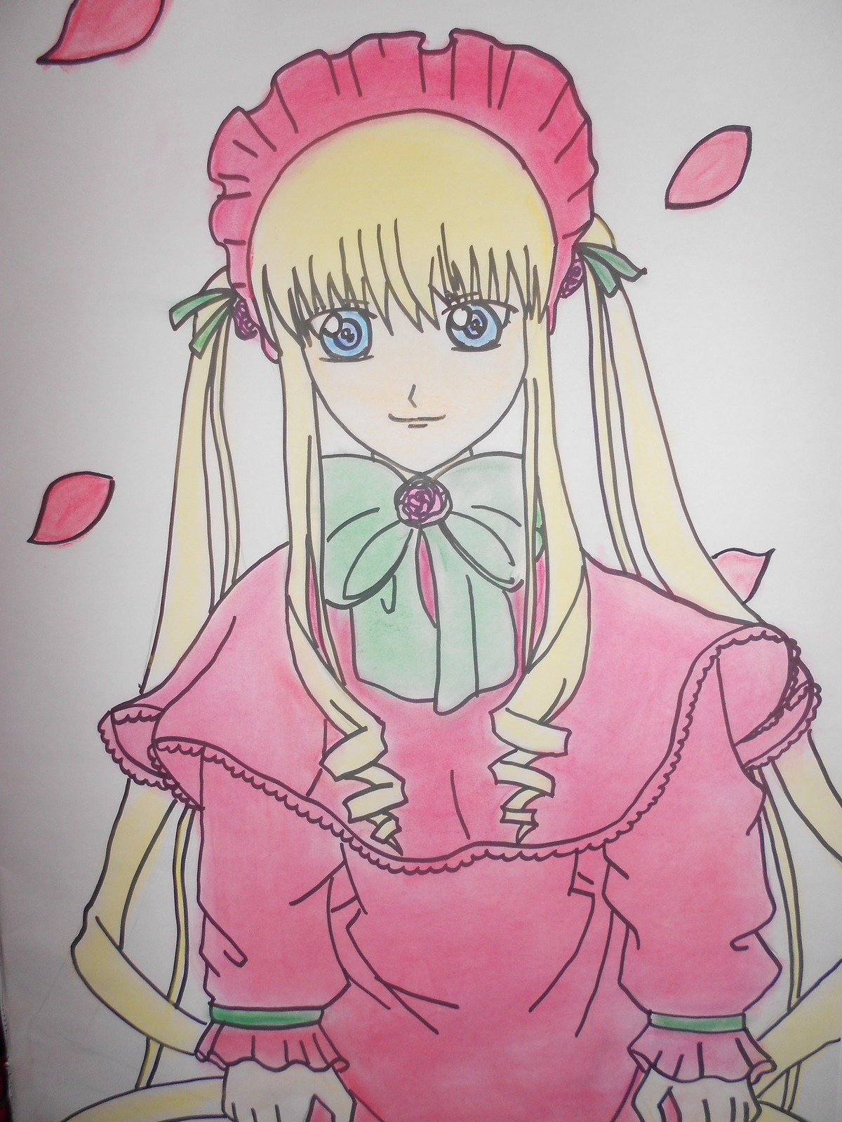 1girl blonde_hair blue_eyes bonnet bow bowtie capelet dress drill_hair flower green_bow image long_hair long_sleeves looking_at_viewer petals pink_flower rose rose_petals shinku sidelocks simple_background solo traditional_media upper_body