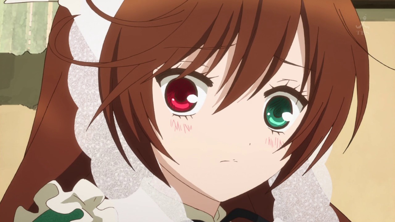 1boy bangs blush brown_hair close-up closed_mouth eyebrows_visible_through_hair face frills green_eyes image looking_at_viewer portrait red_eyes solo suiseiseki